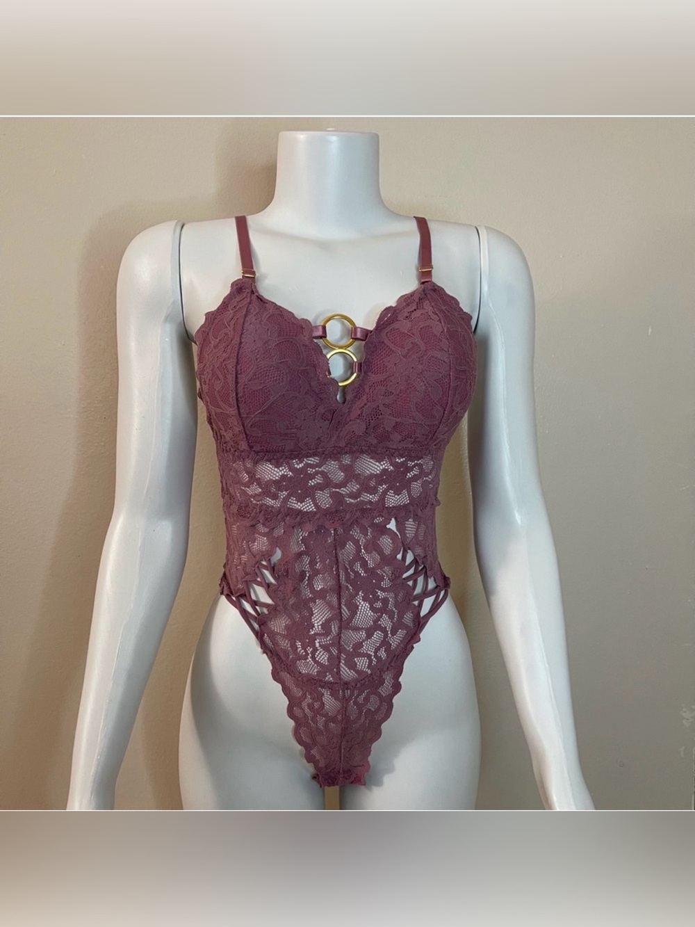 Mauve pink mesh removable pads ring lace teddy bodysuit